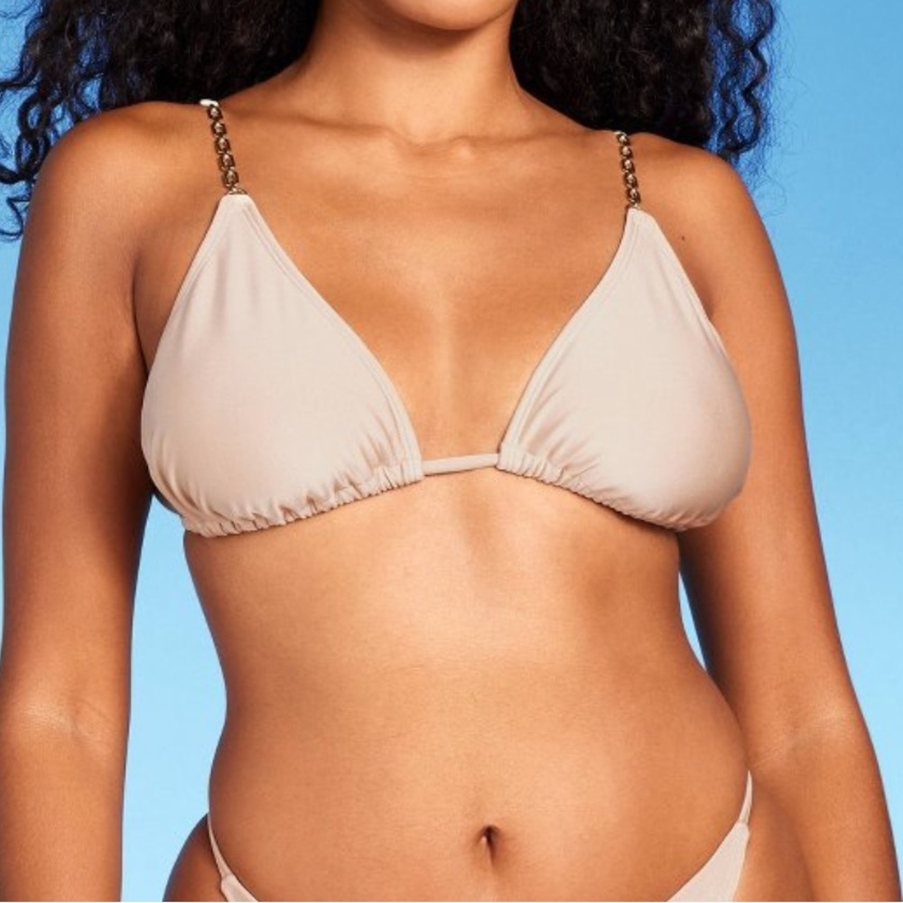 SHADE & SHORE Gold-Tone Chain Strap Triangle‎ Bikini Top - Tan Shine